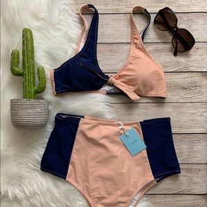 CupShe peach & navy high waisted bikini